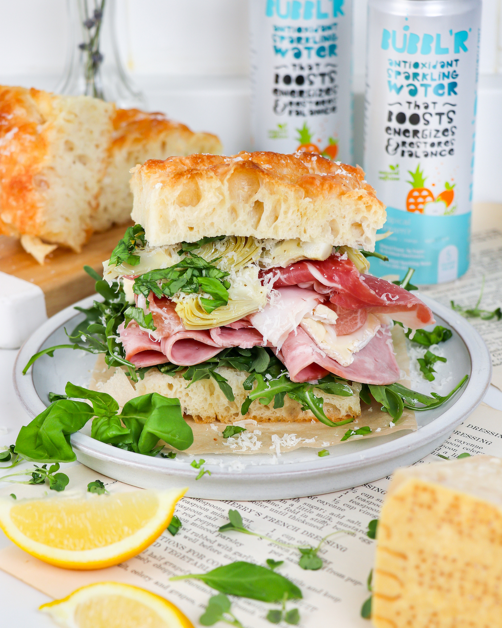 Homemade Focaccia Sandwiches with Prosciutto, Brie, & Arugula